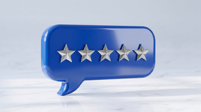 Blue speech bubble with five rating stars on white surface