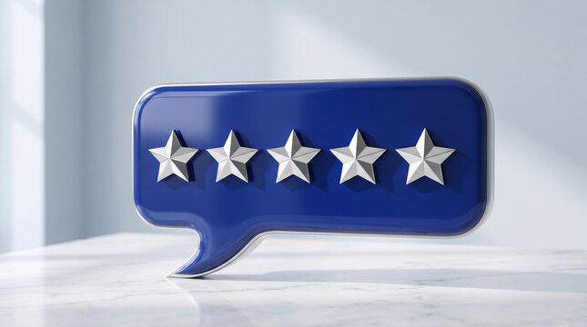 Blue speech bubble featuring five stars standing on a tabletop, rating 3D render
