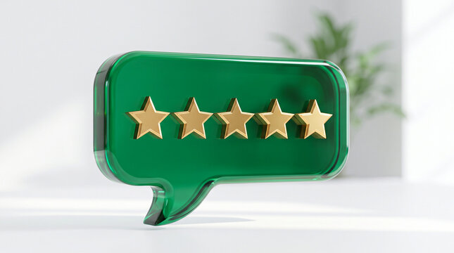 Green speech bubble with five golden stars on bright tabletop, rating 3D render