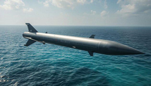 Advanced tactical missile in flight soaring above the deep blue ocean with cruise missil