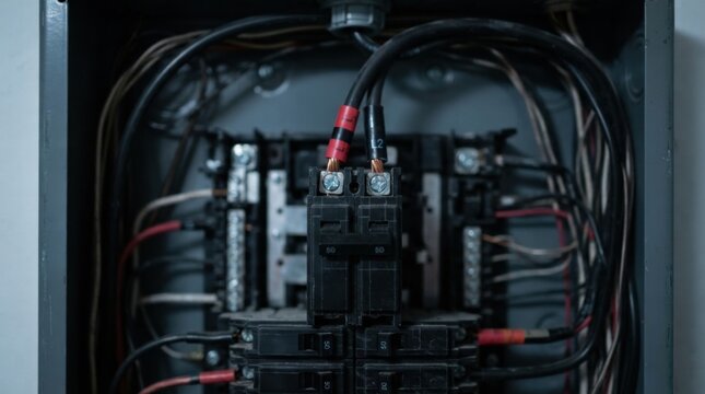Newly added double-pole circuit breaker for EV charger installation with color-coded wiring in a home panel
