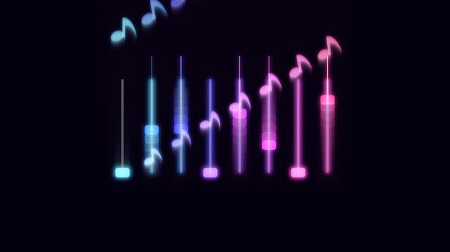 Massive mixing console faders sliding to the beat, emitting intense lasers and colorful music notes.