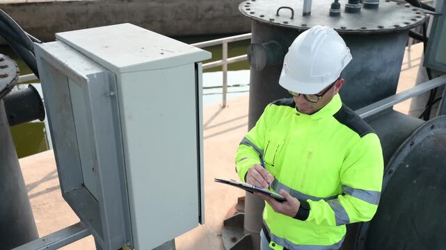 Environmental engineer uses a tablet beside wastewater pump control equipment, representing digital monitoring, water infrastructure, technical inspection, maintenance, workplace safety, and.