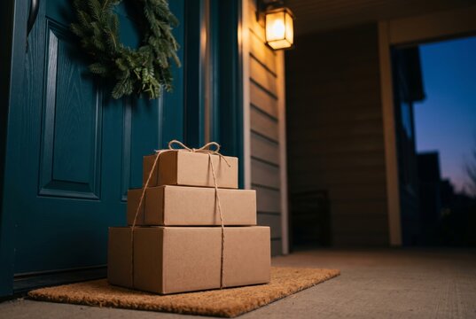 Cardboard parcels on a doorstep for holiday online shopping
