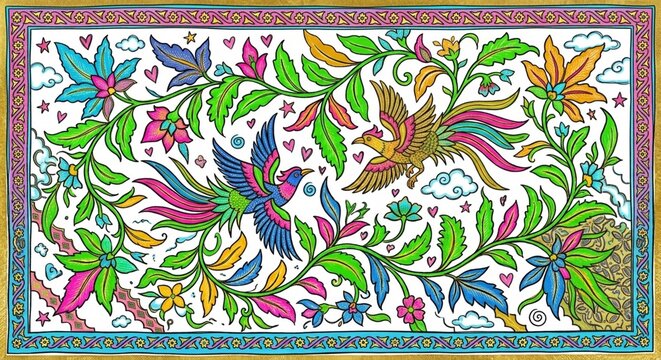 Traditional Indonesian Batik Style Illustration with Exotic Birds, Floral Motifs and Vibrant Colors