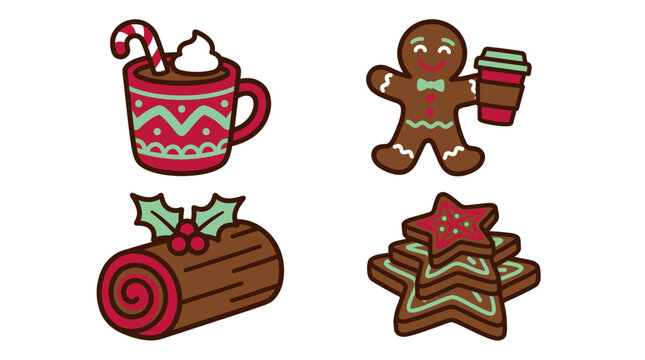 Christmas Treats Holiday Food Gingerbread Man Yule Log Hot Cocoa Candy Cane Cookies Cake Dessert Baking Sweet Winter Mug Festive Bakery Xmas Set Vector Illustration