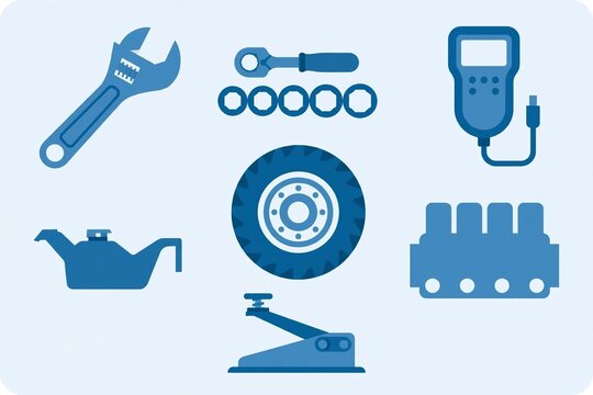Female automotive mechanic tools flat vector icon set