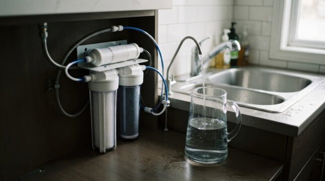 Under sink water filtration system with carbon and sediment cartridges, clear tubing, and glass pitcher beside a stainless kitchen sink