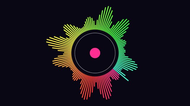 Circular audio spectrum visualizer with colorful sound waves pulsing