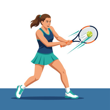 Female tennis player swinging racket at ball on court.