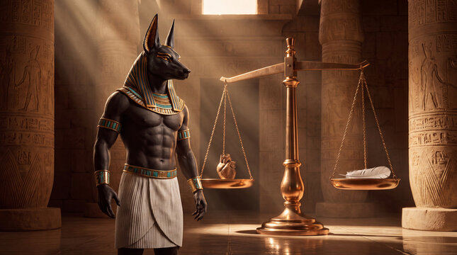Egyptian God Anubis with Jackal Head Beside Scales of Justice