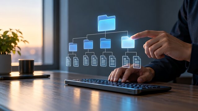 Future Technology Concept of Digital Document Management System with Person Organizing Holographic File Folders Over a Computer Keyboard in a Modern Office Environment at Sunset