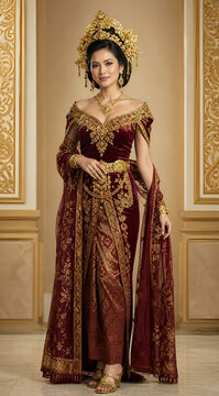 Beautiful Indonesian Woman in Luxurious Traditional Maroon Java Balinese Attire