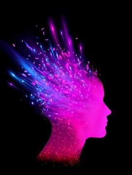 Abstract human head silhouette with vibrant pink and blue light particles exploding from the mind