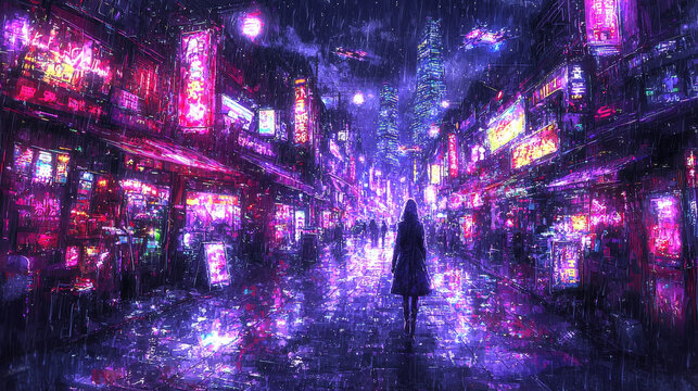 Cyberpunk woman neon light rainy street futuristic city night silhouette urban reflection vibrant digital art. lone figure walks through neon lit city street night rain reflecting vibrant colors