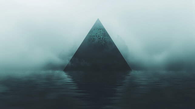 Mysterious geometric pyramid floats on calm water, surrounded by thick fog, creating surreal, hyper realistic, and tranquil atmosphere with reflective surface and intricate patterns