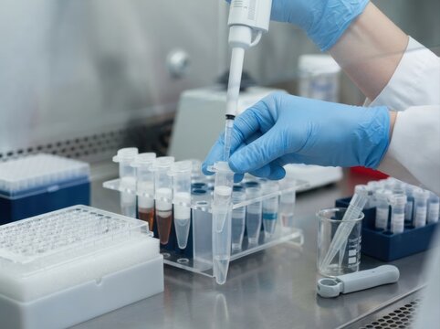 dna extraction spin column Scientist wearing gloves using a pipette to transfer liquid in a lab setting.