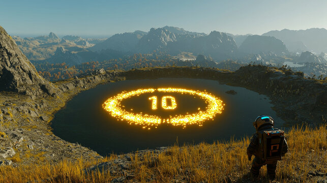 Astronaut standing on grassy hill overlooking mountain lake with glowing number ten and circle, futuristic landscape, serene, morning light