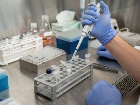 dna extraction spin column Scientist using a pipette to transfer liquid into test tubes in a lab setting.