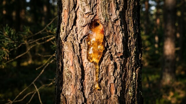 Close Up of Golden Tree Resin or Pine Sap Dripping Down the Rough Bark of a Coniferous Tree in a Sunny Woodland