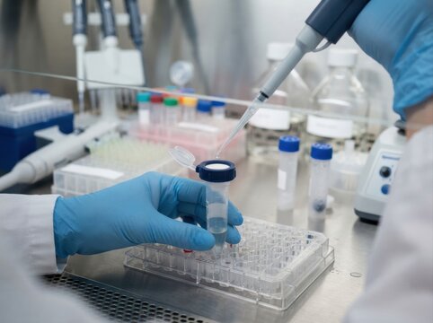 dna extraction spin column Scientist in blue gloves using a pipette to transfer liquid in a lab setting.