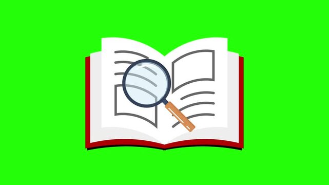 Open book animated literature search and study concept with magnifying glass scanning pages in 4k on green screen background.