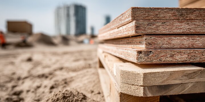 Plywood sheets stack in a pile on wooden pallet block on ground sand. City residential site building materials. Supplier industry. Construction tenders bidding, government procurement contract b2b