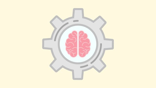 Human brain animated creative thinking and psychology icon with grey gear rotating in 4k on cream background.
