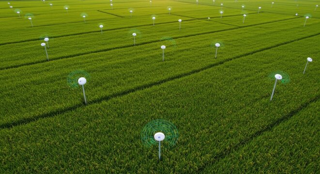 Aerial drone shot of lush green farmland with evenly spaced white markers in organized rows