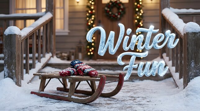 A vintage wooden sled sitting on a snow covered porch in front of a decorated holiday home