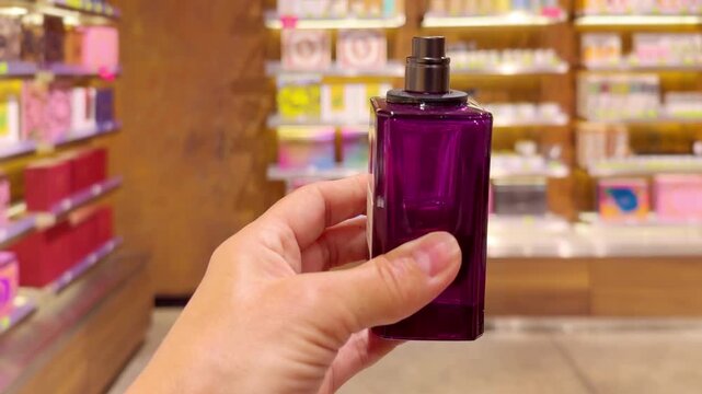 Perfume and Eau de Toilette Bottles on Display in Cosmetics Store &ndash; Fragrance Products on Shelf with Blurred Perfume Background
