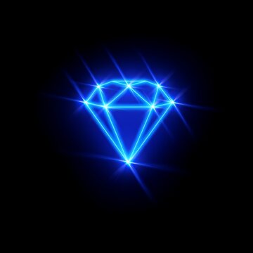 Glowing neon blue diamond shape with bright light rays isolated on black background