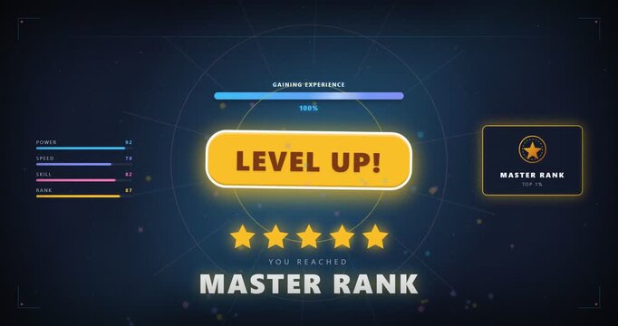Video game interface screen displaying level up success with master rank achievement and five golden stars