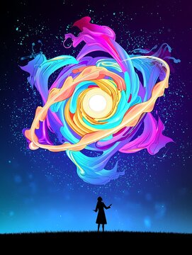 Silhouette of a person standing under a vibrant abstract cosmic swirl of colorful liquid energy in a starry night sky