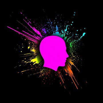 Abstract human head silhouette with vibrant colorful paint splashes and ink splatter on a black background