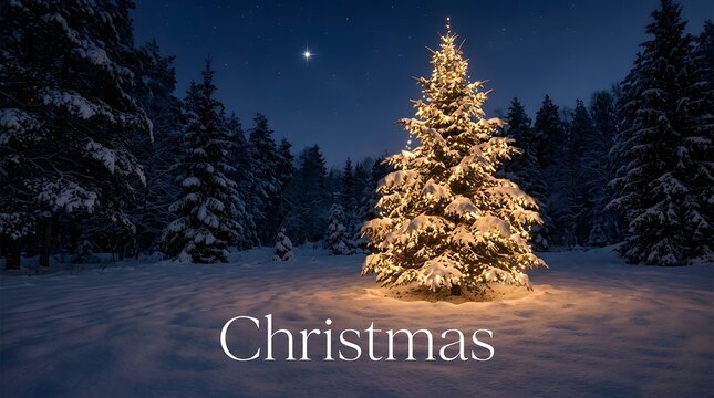 A beautifully illuminated christmas tree standing in a snowy forest landscape under a dark starry night sky