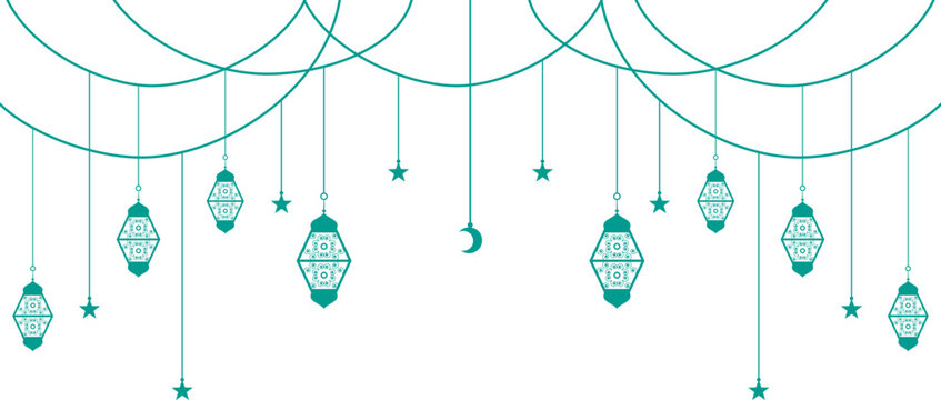 Islamic ramadan kareem green hanging lanterns banner background vector decoration with crescent moon and stars for eid mubarak