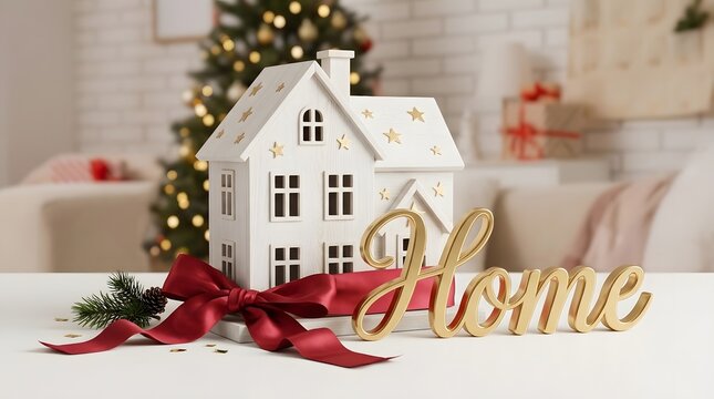 Decorative white ceramic house ornament with a red ribbon and gold home sign for christmas home interior decor