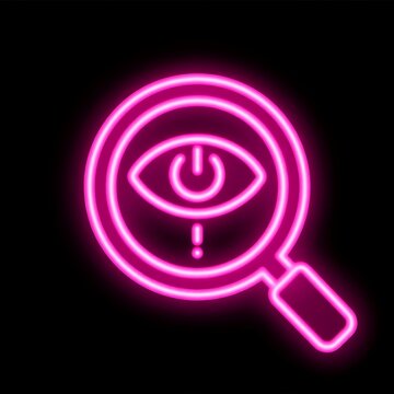 Neon pink magnifying glass icon with an eye and power button symbol, digital surveillance and security concept
