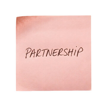 Pink sticky note with the word partnership written on transparent background
