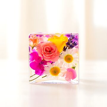 Beautiful colorful flowers preserved in a clear resin block