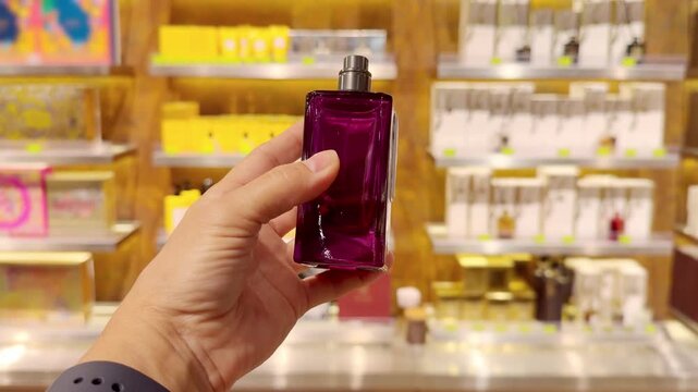 Perfume and Eau de Toilette Bottles on Display in Cosmetics Store &ndash; Fragrance Products on Shelf with Blurred Perfume Background