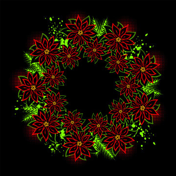 Circular composition like traditional wreath with flower poinsettia, spray paint splatters, fir branch, halftone shapes. Outline icons for holiday decorations in grunge style. Fluorescent neon colors