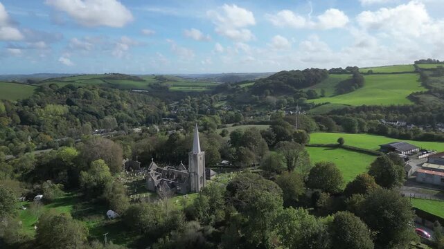 Buckfastleigh, South Devon, England: DRONE VIEWS: 1. Holy Trinity church; 2. The town of Buckfastleigh; 3. The River Dart valley; 4. South Devon steam railway line; 5. A38 & A384 roads. 