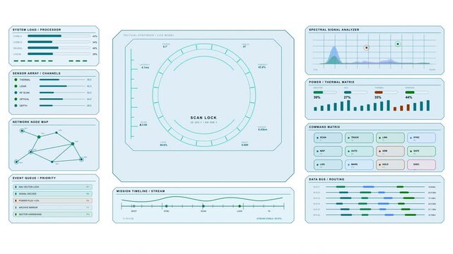 HUD Dashboard 9 futuristic interface on white background with speedometer gauges, sensor indicators, analytics charts, digital controls and modern technology motion graphics