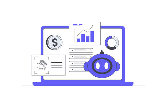 Investing Apps Automated Trading and AI Financial Portfolio Control. Laptop Screen Displaying AI Assistant Bot Fingerprint Security and Financial Charts. Flat Cartoon Vector Illustration, icon Stylish