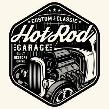 Vintage monochrome hexagonal badge logo for custom and classic hot rod garage featuring front view of vintage car engine and grille.