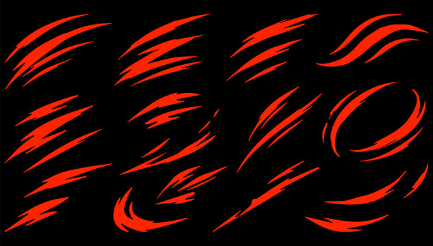 Set of aggressive bright red claw slash marks and speed swoosh motion lines for dynamic design elements on black background.