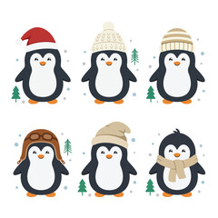 Fototapeta premium Six penguins in winter hats and scarves flat cartoon set