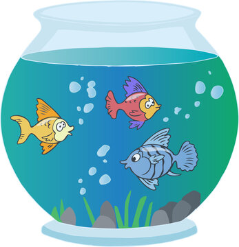 Cute cartoon colorful fishes swimming in a glass fishbowl aquarium, vector illustration